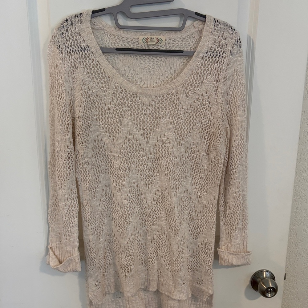 Pink Rose Open-Knit Scoop Neck Sweater in Light Cream